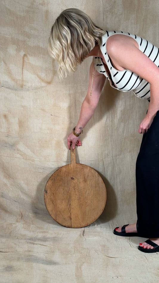Antique Round Wooden Bread Board With Aged Farmhouse Patina