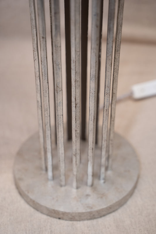 Pair of Porta Romana Flynn Caged Lamps in Decayed Silver, supplied with original cylinder shades. Used condition with minor shade creasing and surface scratches.