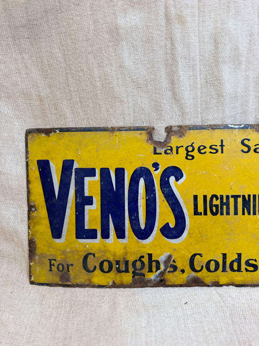 Vintage sign for Veno's Lightning Cough and Cold remedy on a textured beige background