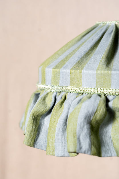 Handmade 12-inch linen carousel shade with sage green and soft blue stripes, vintage trim and pendant fitting. Cosy cottage style.