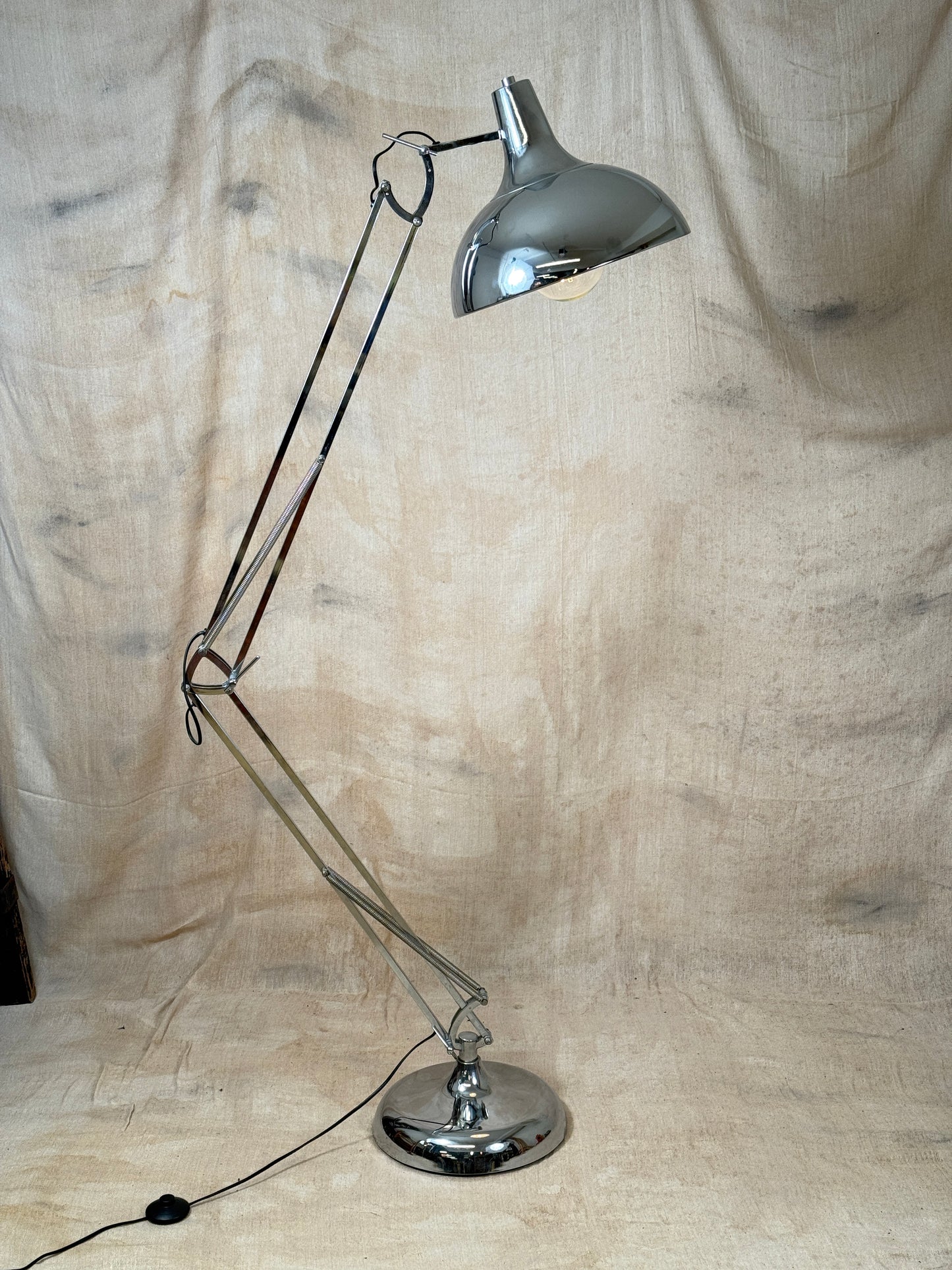 Large chrome industrial Anglepoise style floor lamp with an adjustable arm, polished finish and heavy base. 