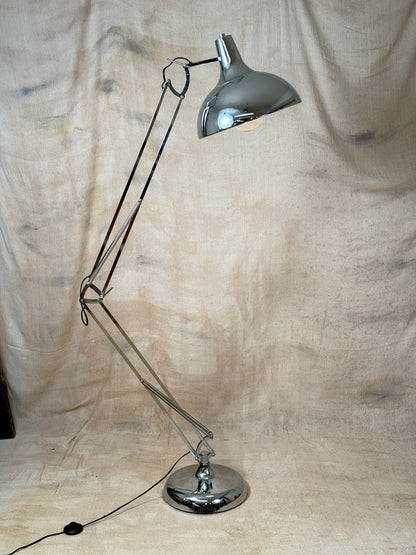 Large chrome industrial Anglepoise style floor lamp with an adjustable arm, polished finish and heavy base. 