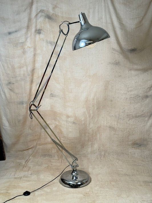 Large chrome industrial Anglepoise style floor lamp with an adjustable arm, polished finish and heavy base. 