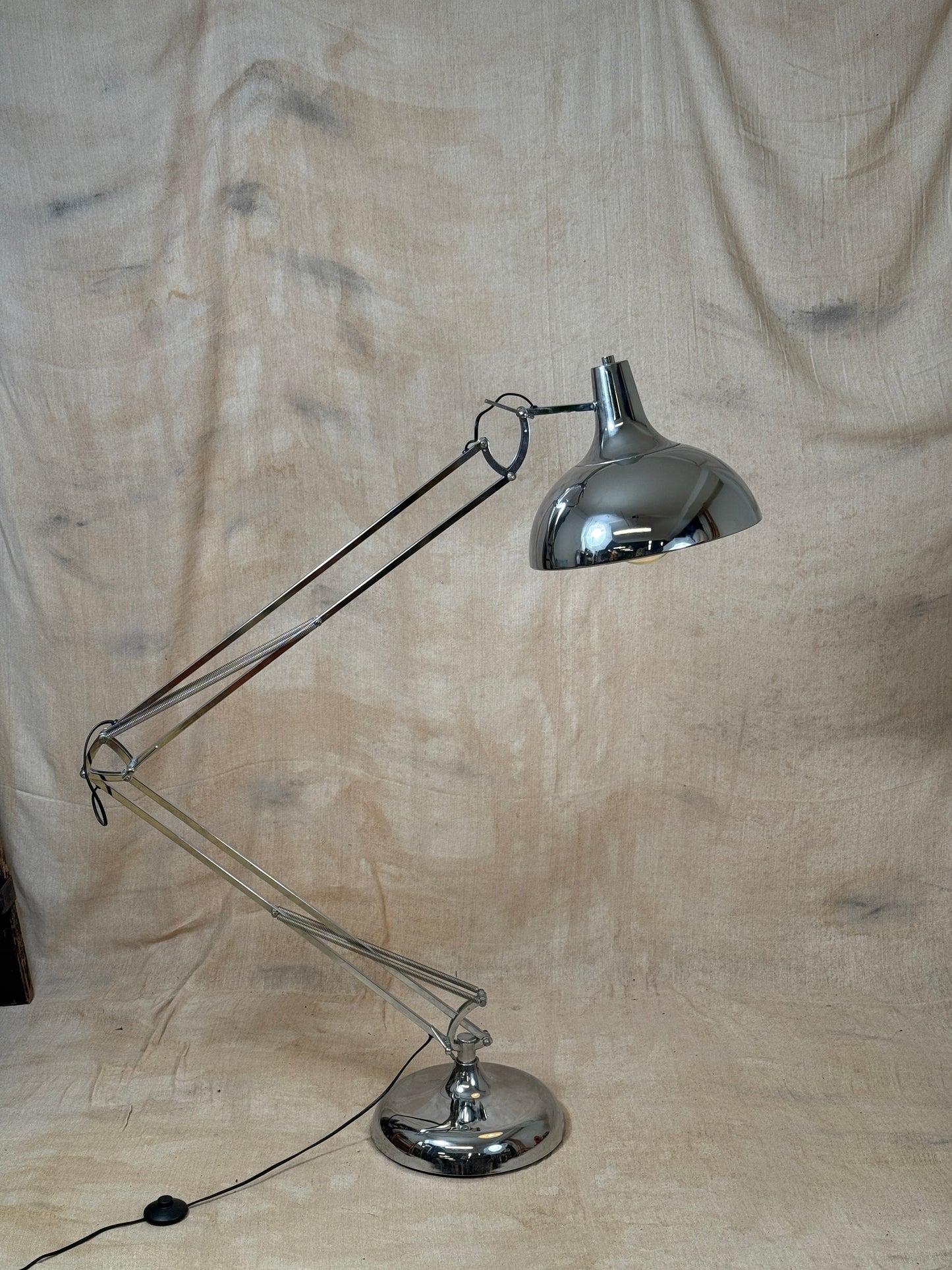 Large chrome industrial Anglepoise style floor lamp with an adjustable arm, polished finish and heavy base