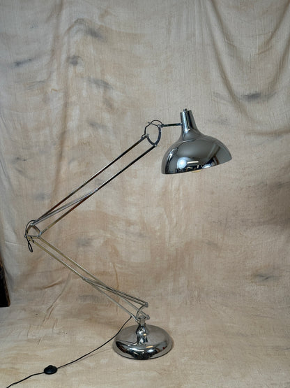 Large chrome industrial Anglepoise style floor lamp with an adjustable arm, polished finish and heavy base