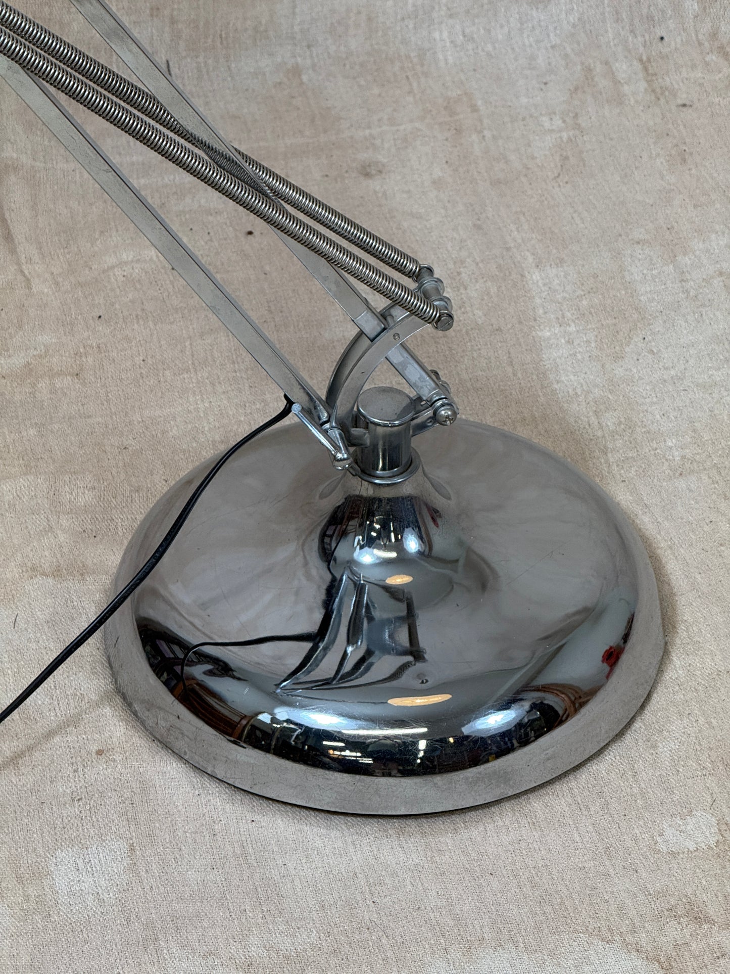 Large chrome industrial Anglepoise style floor lamp with an adjustable arm, polished finish and heavy base