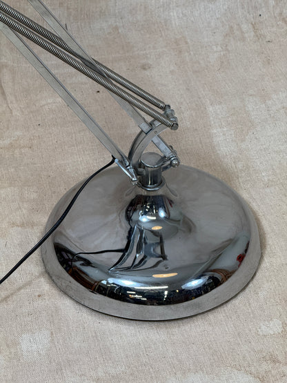 Large chrome industrial Anglepoise style floor lamp with an adjustable arm, polished finish and heavy base
