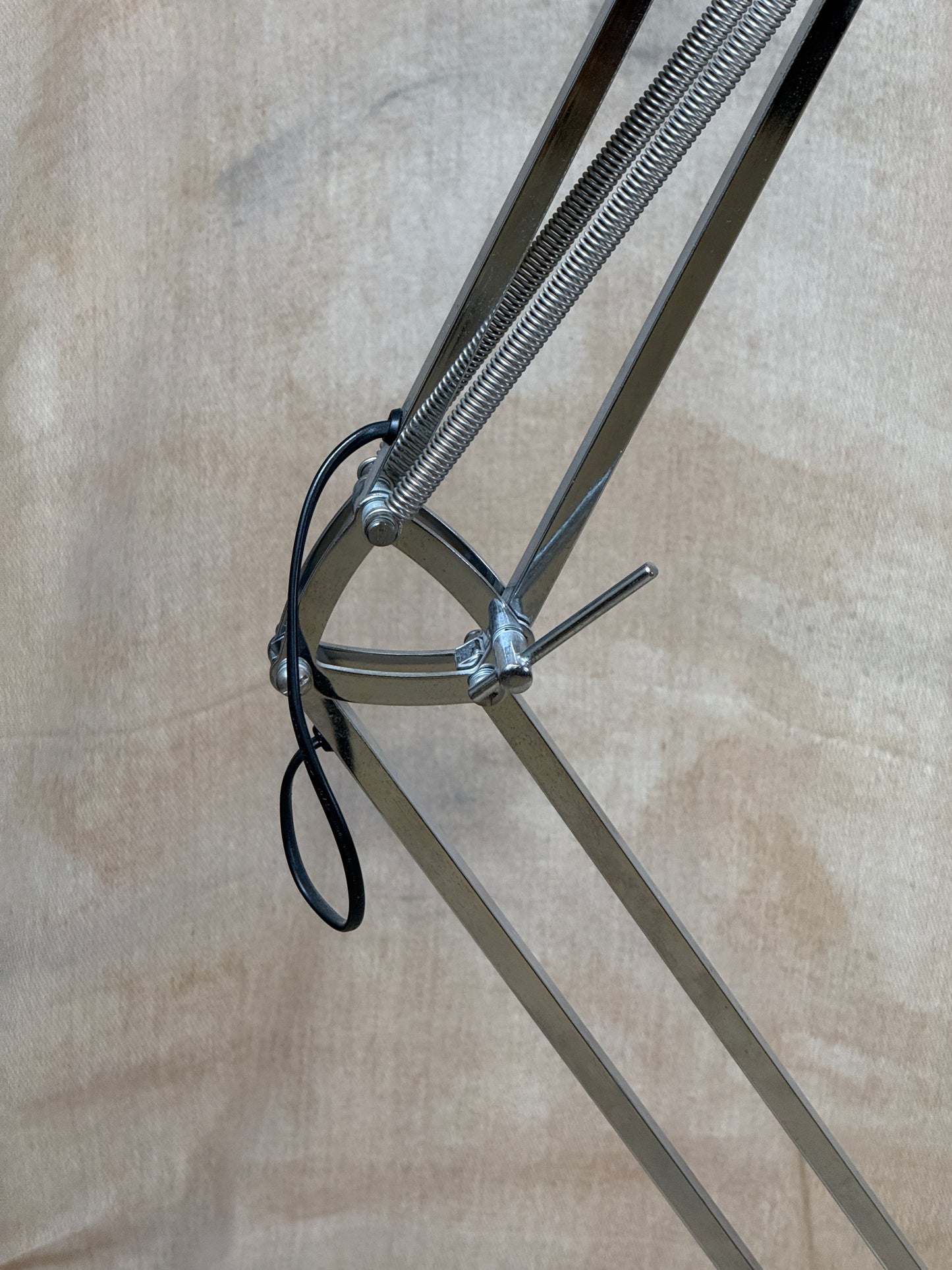 Large chrome industrial Anglepoise style floor lamp with an adjustable arm, polished finish and heavy base