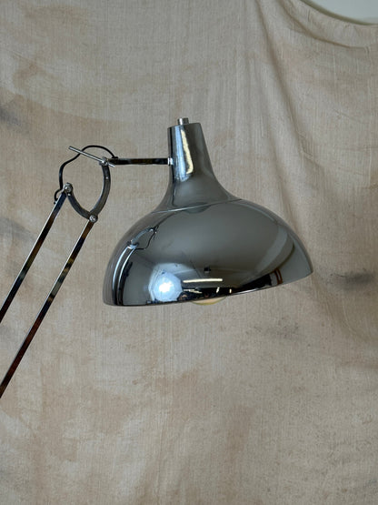 Large chrome industrial Anglepoise style floor lamp with an adjustable arm, polished finish and heavy base