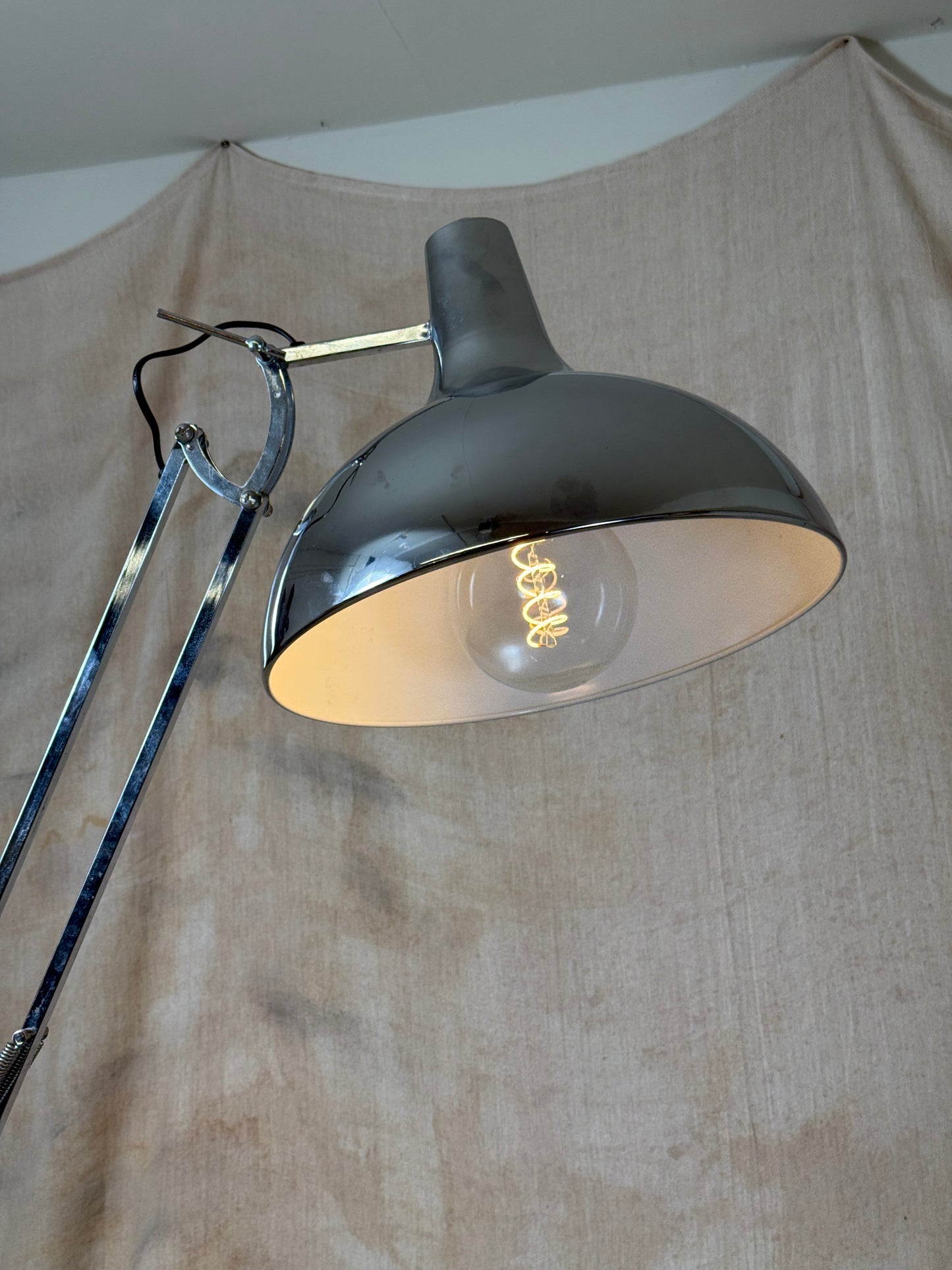 Large chrome industrial Anglepoise style floor lamp with an adjustable arm, polished finish and heavy base