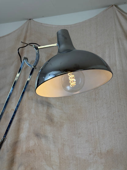 Large chrome industrial Anglepoise style floor lamp with an adjustable arm, polished finish and heavy base