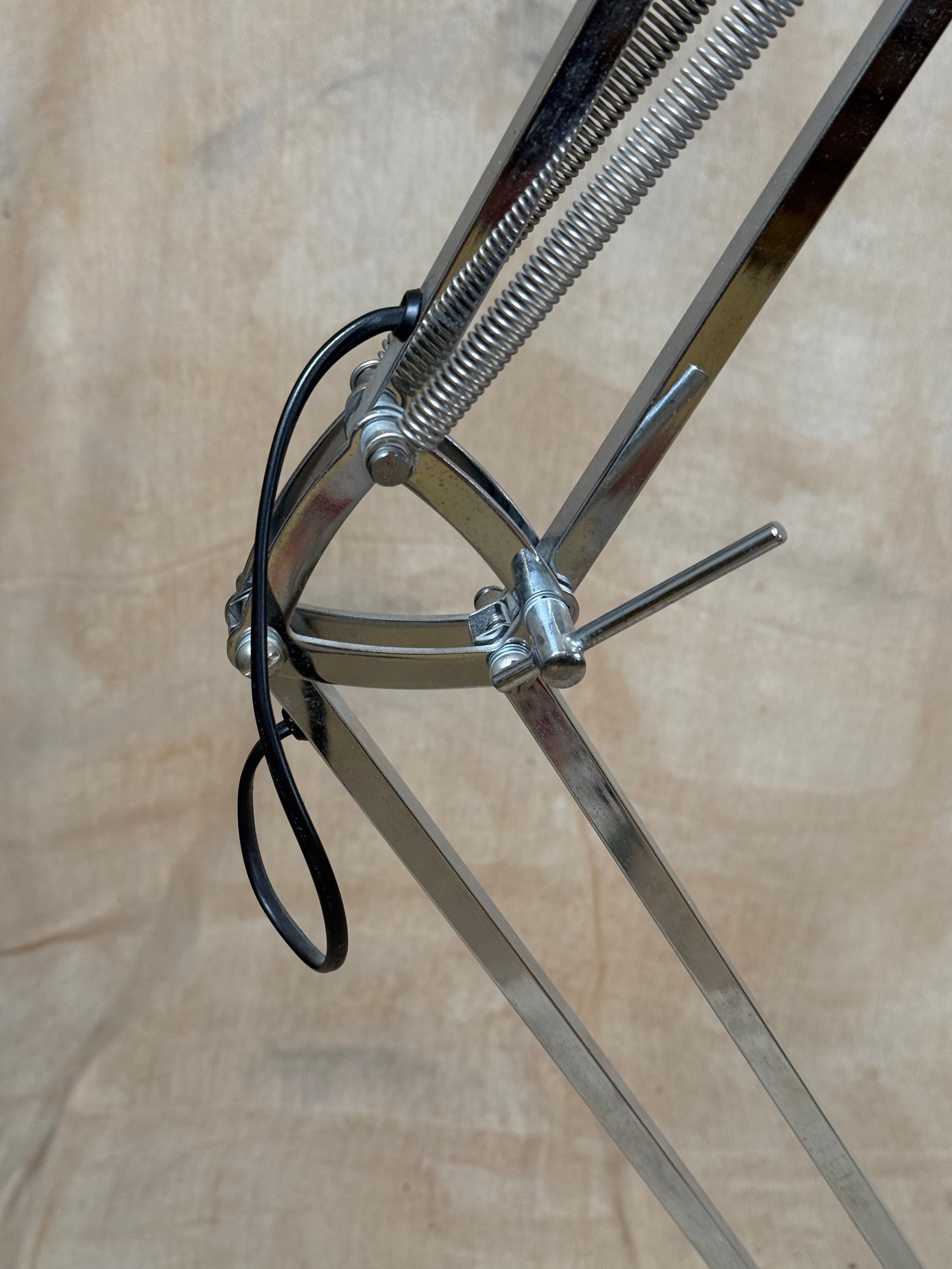 Large chrome industrial Anglepoise style floor lamp with an adjustable arm, polished finish and heavy base