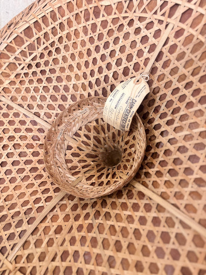 Vintage Asian conical hat with original Royal Air Force cabin identification tag attached, woven natural fibre hat with RAF Brize Norton luggage label.