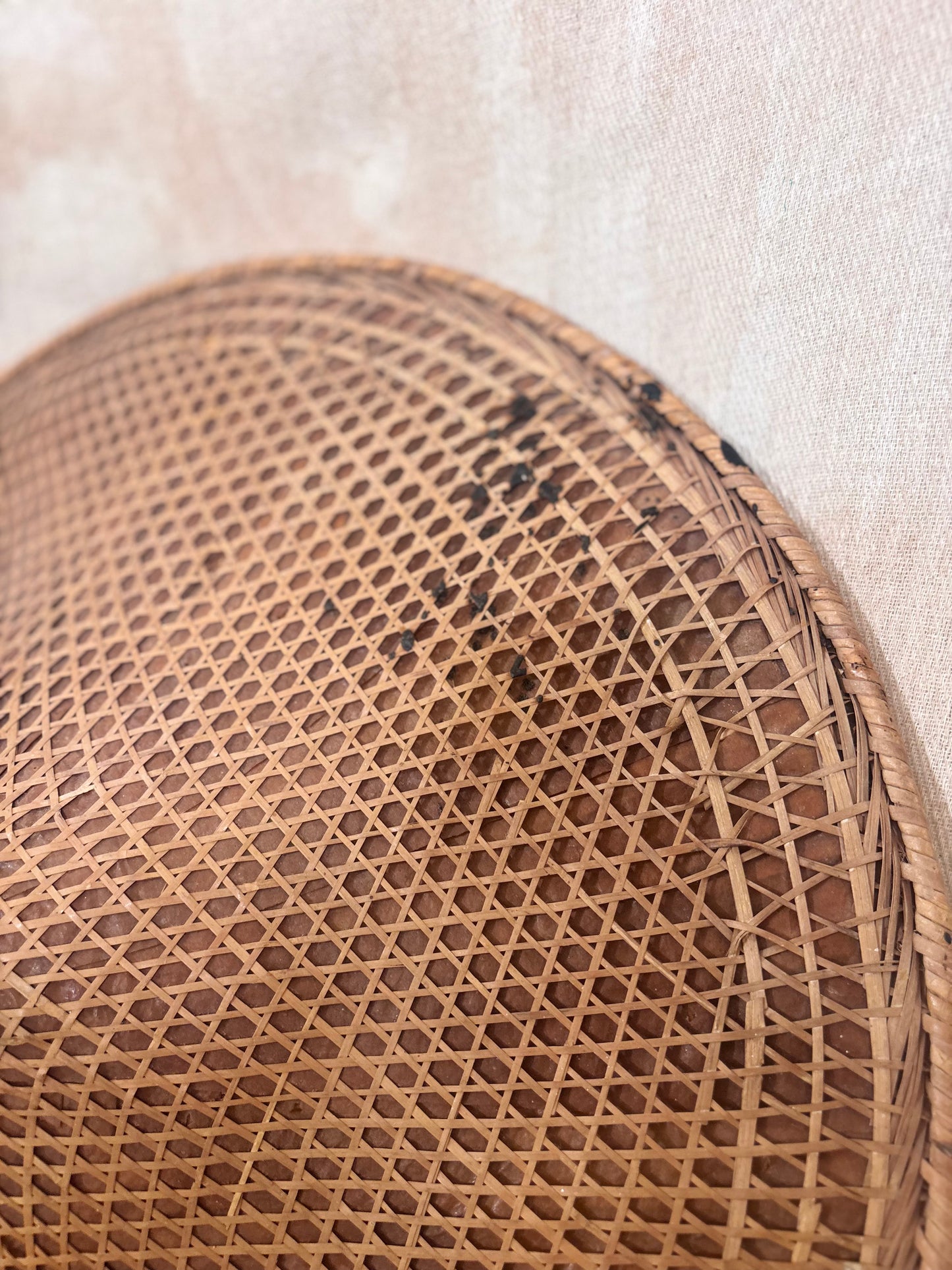 Vintage Asian conical hat with original Royal Air Force cabin identification tag attached, woven natural fibre hat with RAF Brize Norton luggage label.