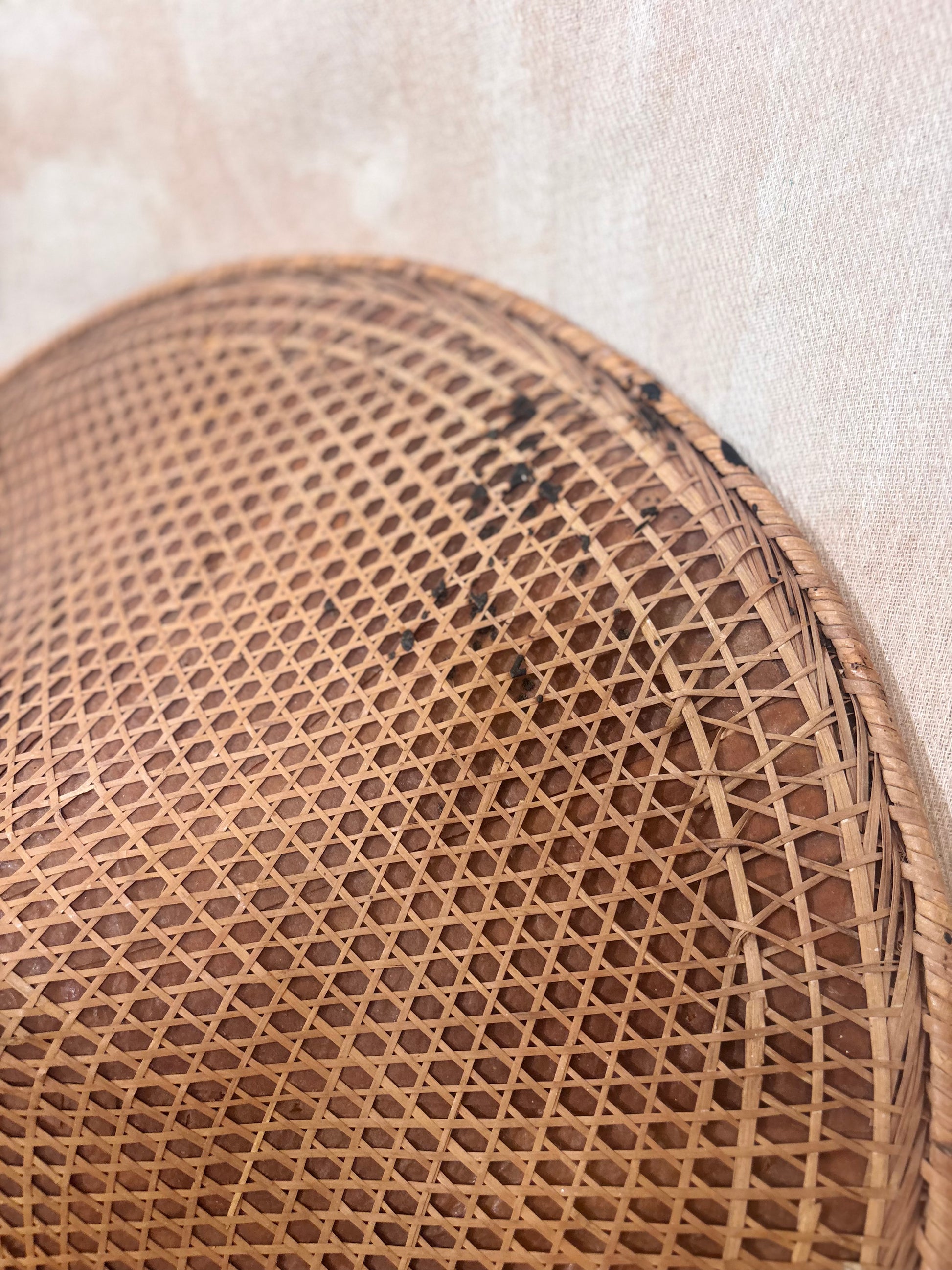 Vintage Asian conical hat with original Royal Air Force cabin identification tag attached, woven natural fibre hat with RAF Brize Norton luggage label.