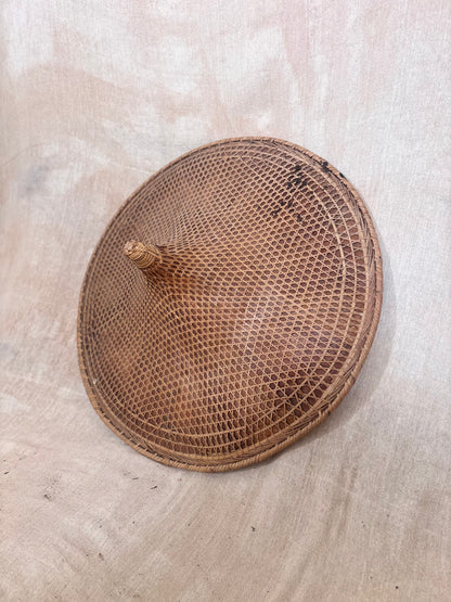 Vintage Asian conical hat with original Royal Air Force cabin identification tag attached, woven natural fibre hat with RAF Brize Norton luggage label.