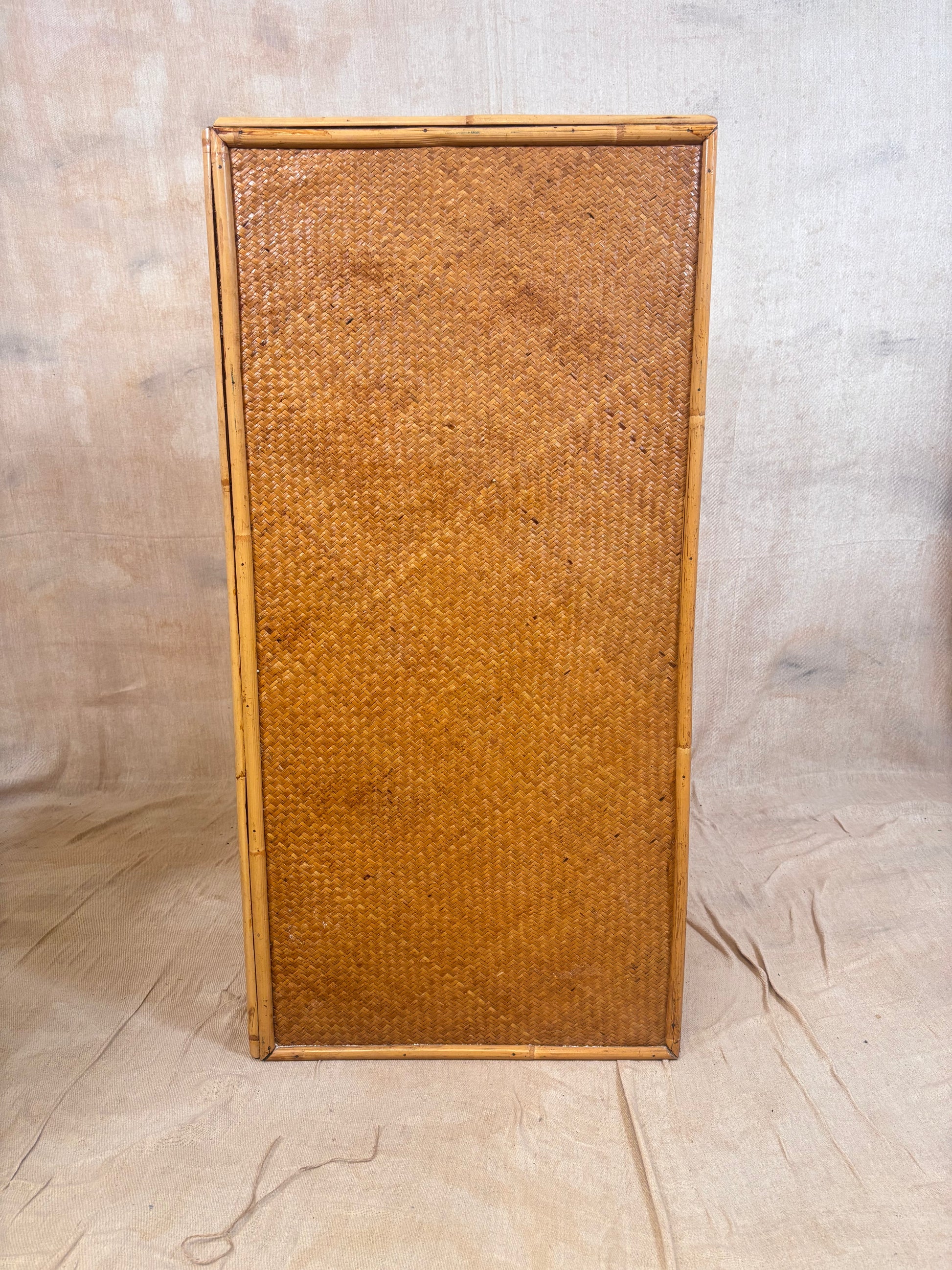 A rectangular vintage rattan or woven cane panel with a natural bamboo frame, standing upright against a neutral beige fabric backdrop.