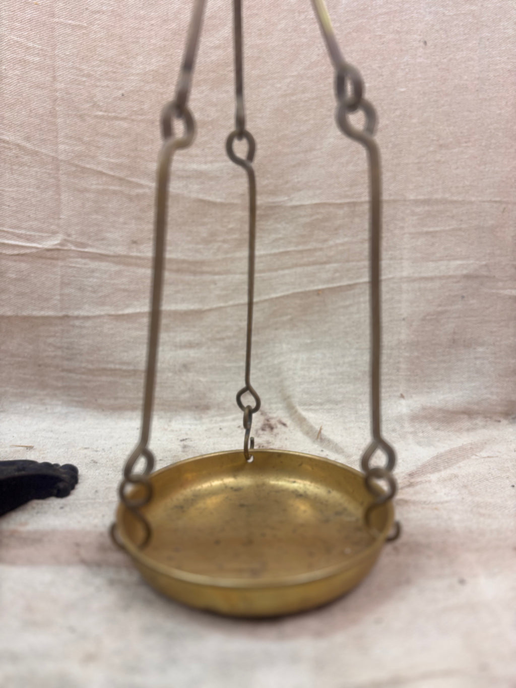 19th century W & T Avery Patent Agate Balance beam scale in brass and cast iron, photographed against a cream backdrop.