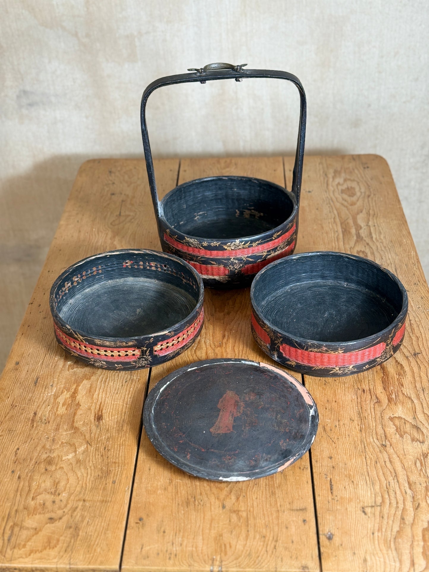 Wedding Basket, Late 19th Century Chinese Lacquered Three-Tier Basket