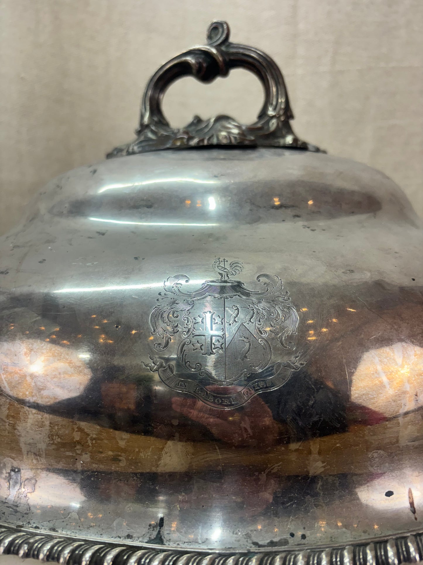 Victorian Silver-Plated Meat Cover (Cloche) – Gadroon Border, Etched Crest, 19th Century