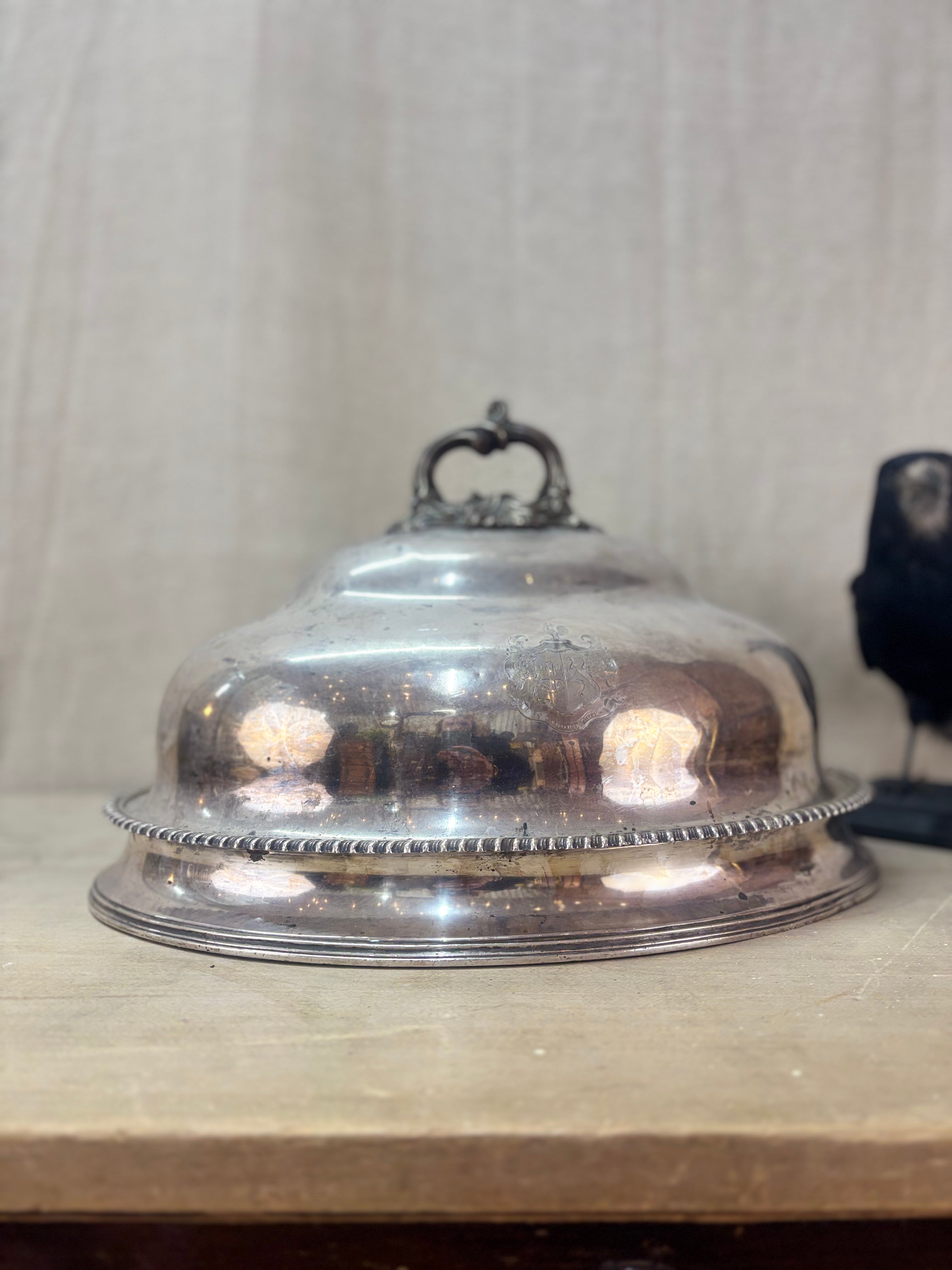 Silver dome-shaped object on a wooden surface with a neutral background