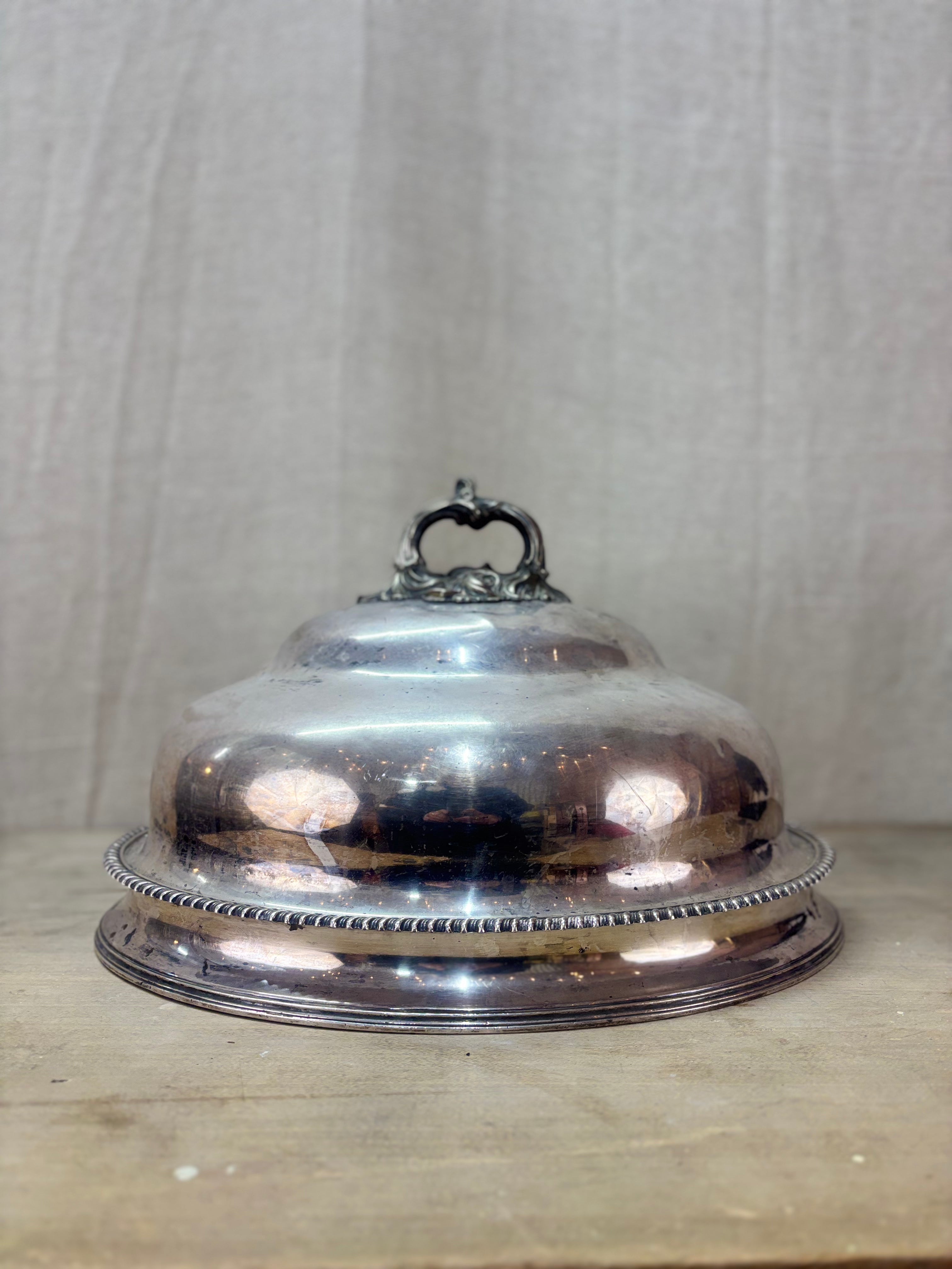 Silver domed cover on a wooden surface with a neutral background