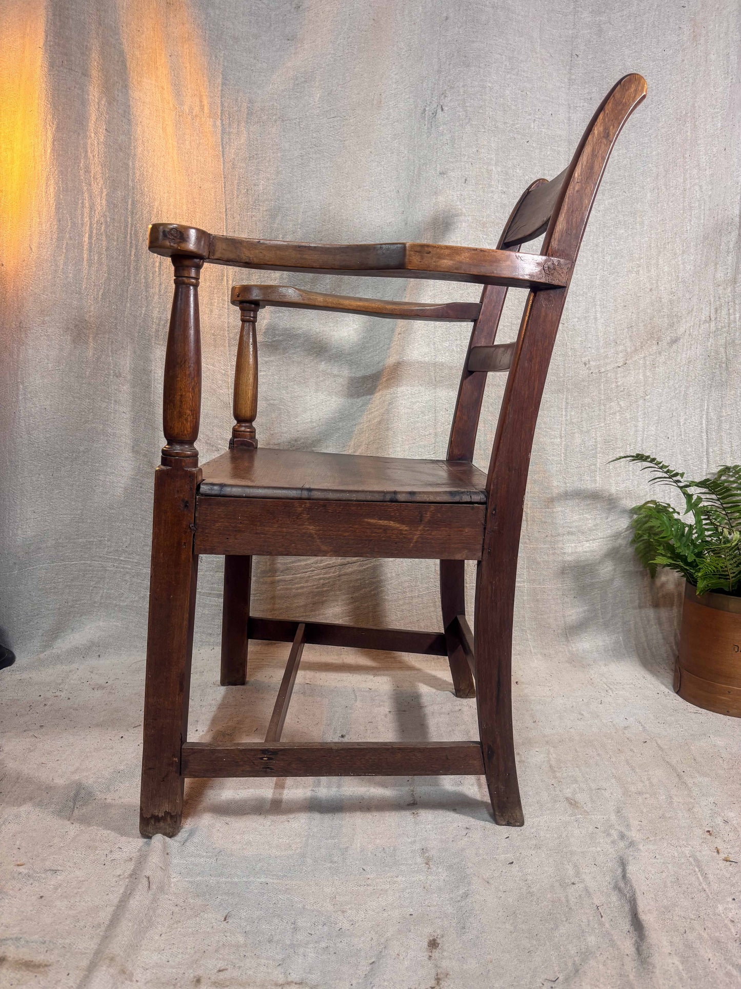 Wooden chair with a plant in the background on a textured floor.