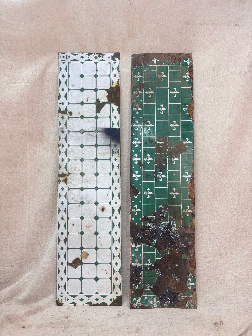 Two rectangular tiles with vintage patterns on a beige background