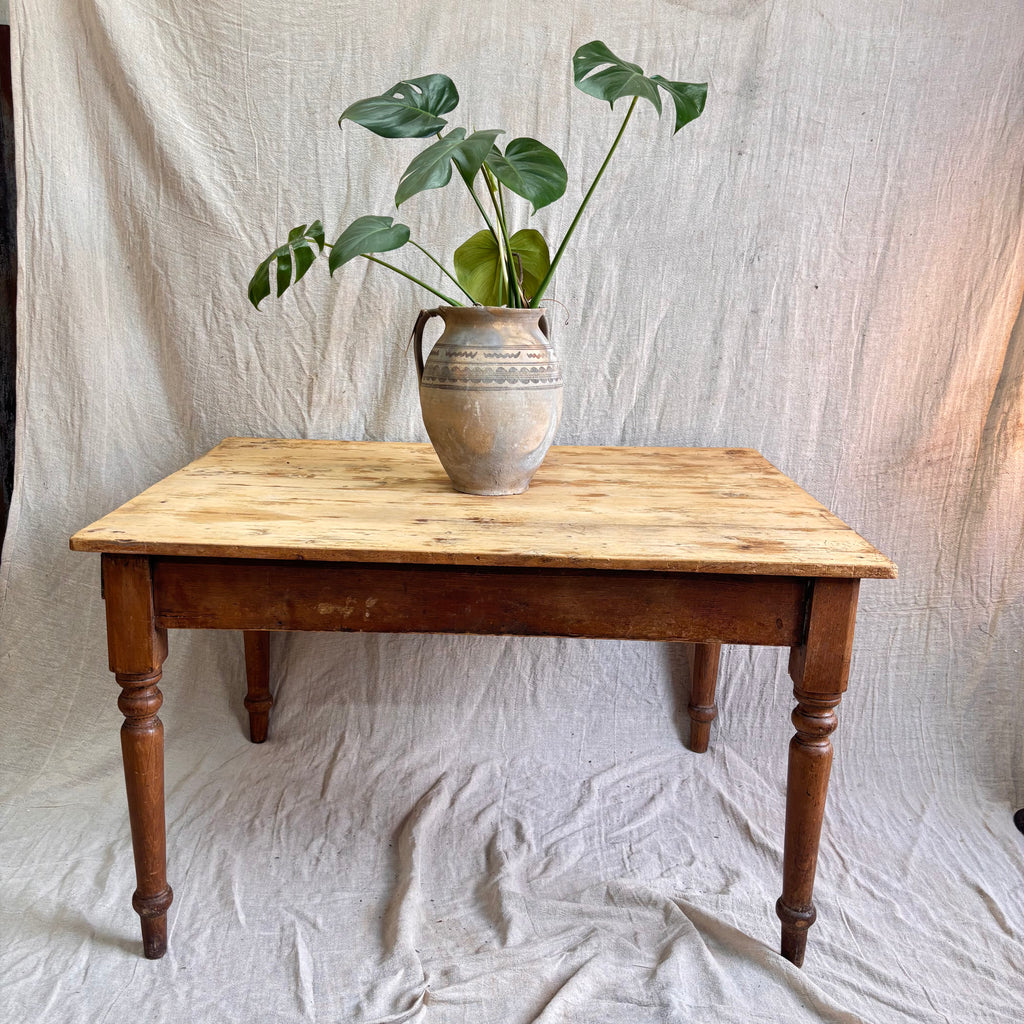 Wooden table with a vase and plant on a plain background