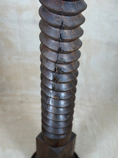 A close-up of a dark brown wooden screw or threaded post with a visible crack running vertically down the center, set against a neutral beige background.