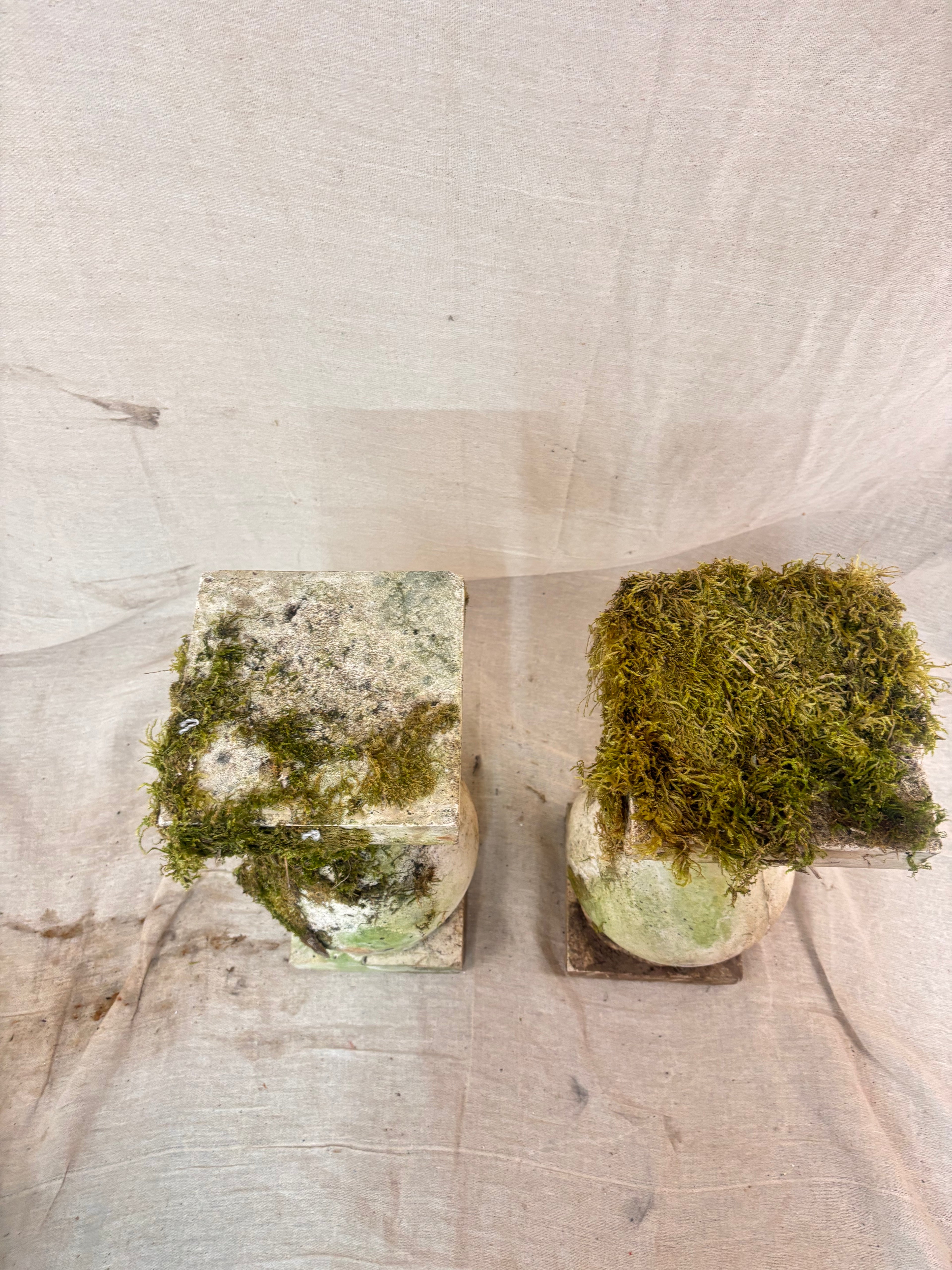 Vintage stone garden pedestals with a classic baluster shape, stepped square bases, and flat square tops, finished in weathered pale gray stone with natural moss and lichen growth.