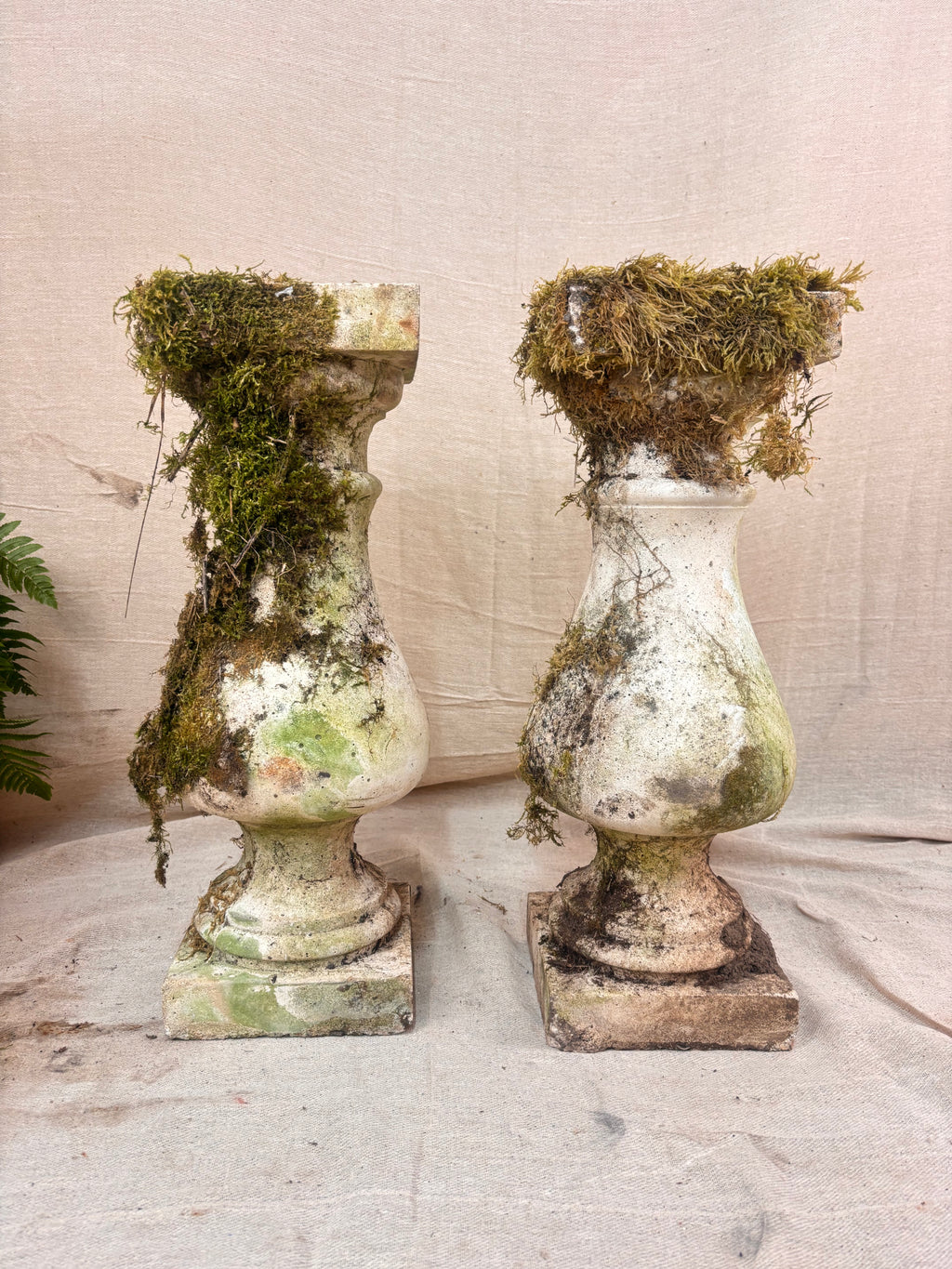 Vintage stone garden pedestals with a classic baluster shape, stepped square bases, and flat square tops, finished in weathered pale gray stone with natural moss and lichen growth.