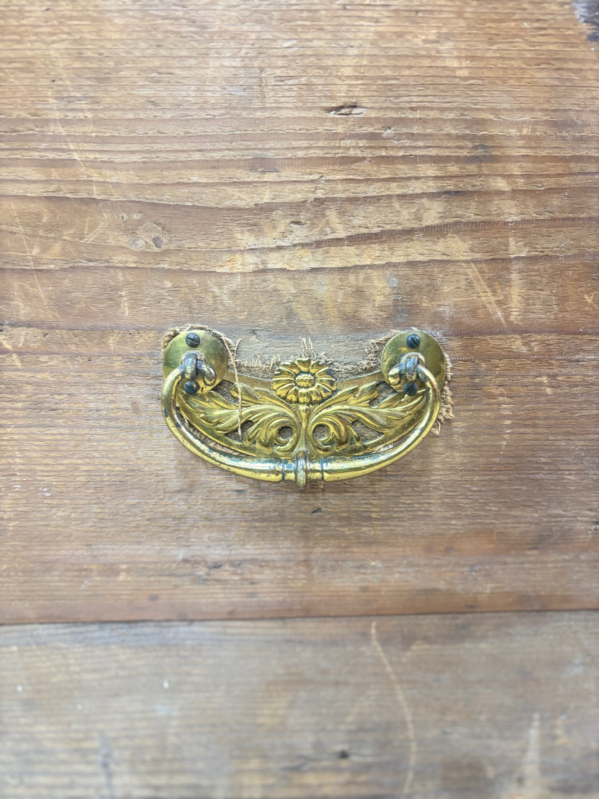 Decorative gold handle on a wooden surface