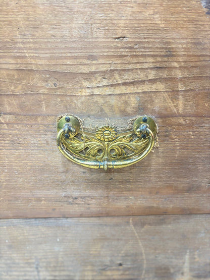 Decorative gold handle on a wooden surface