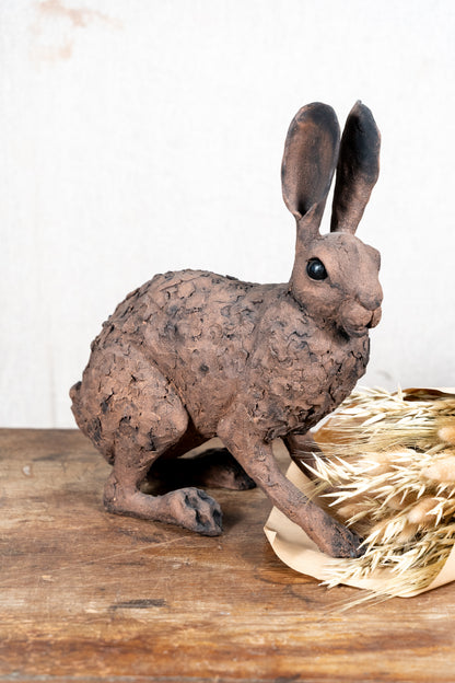 A beautiful original ceramic sculpture of a hare by Norfolk ceramic artist Wendy Barlow.