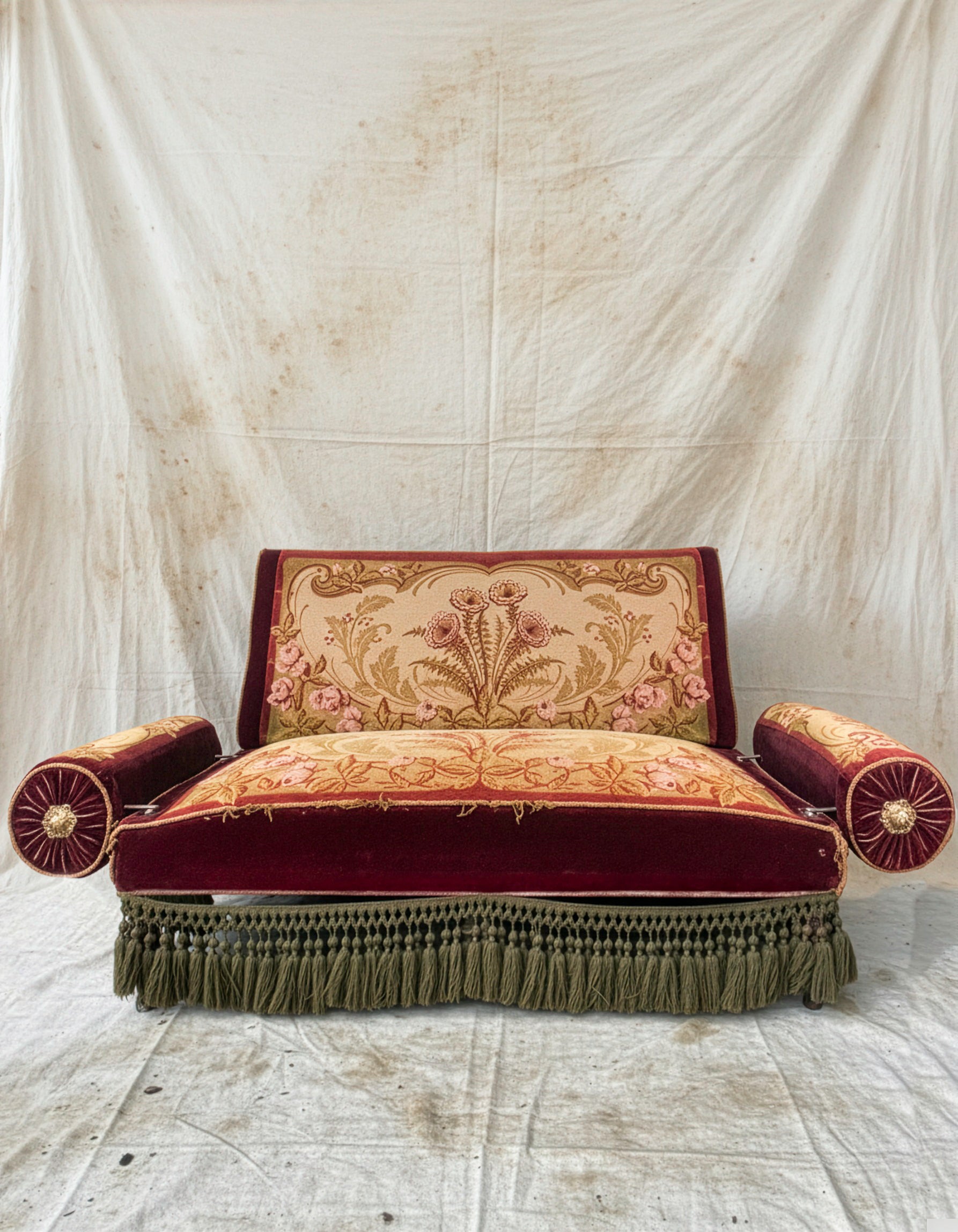 Decorative sofa with intricate patterns and fringes on a plain background