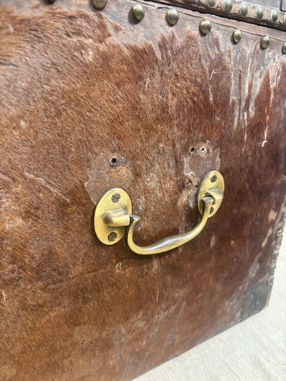 Close-up of a vintage brown leather or hide-covered trunk with brass hardware and nail trim.