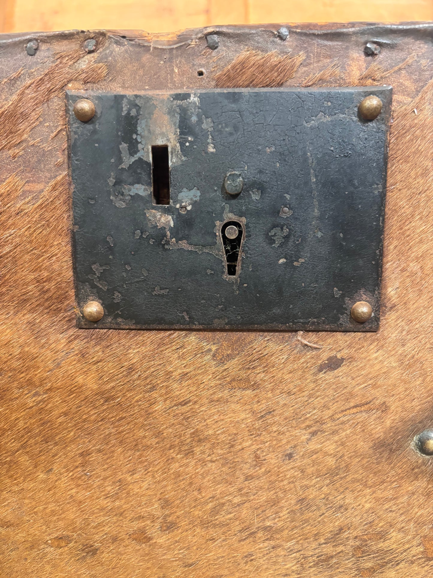 Close-up of a rustic wooden surface with a dark metal lock plate secured by four brass-colored rivets.