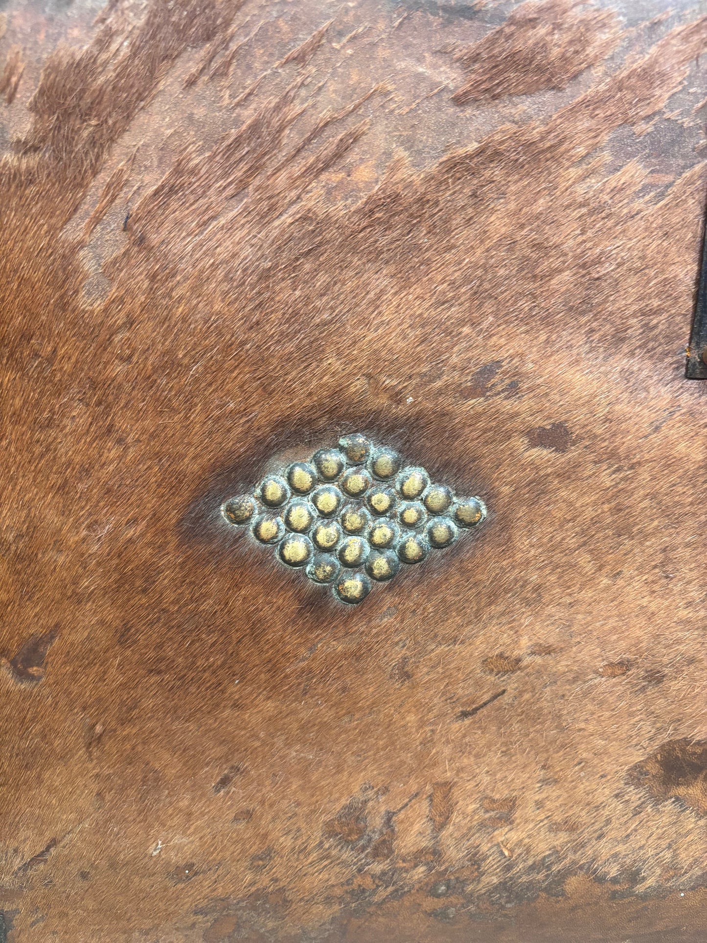 A close-up of a rustic brown leather or hide surface with a small cluster of round metallic studs arranged in a diamond shape.