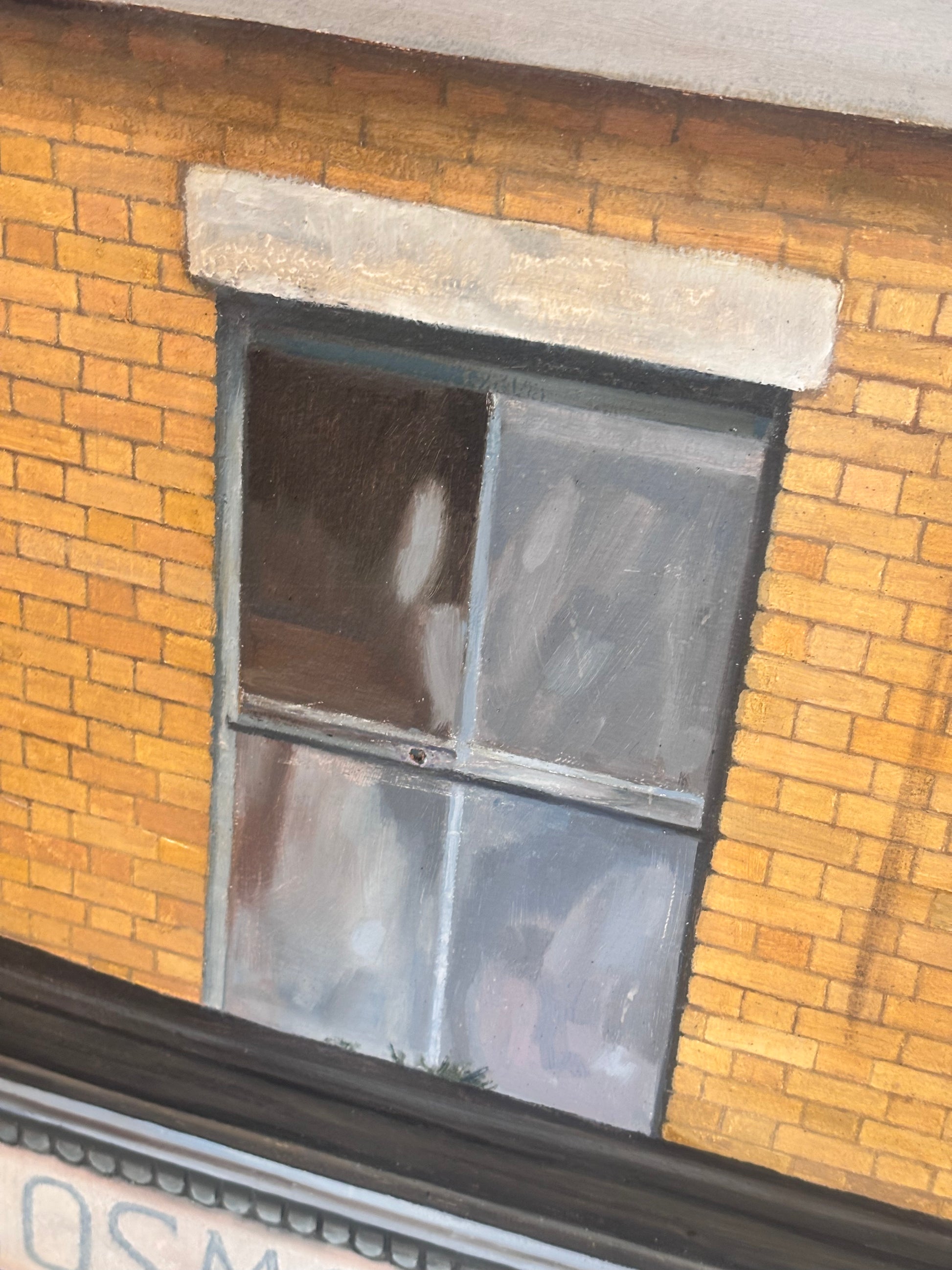 An oil painting depicting a yellow-orange brick wall with a multi-paned window, shown in a close-up crop.