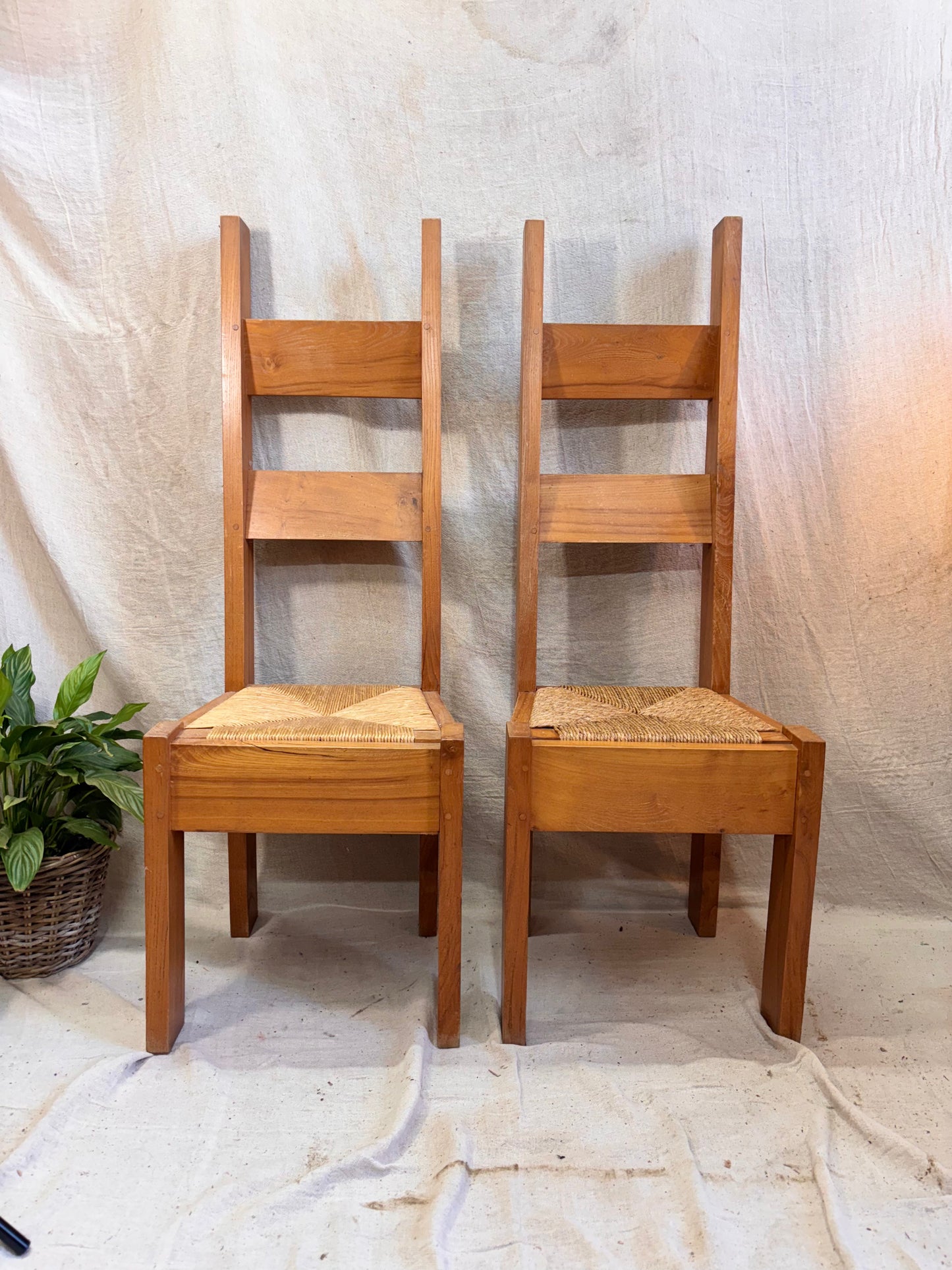 Set of 4 Folk Style Chairs with Rush Seat.