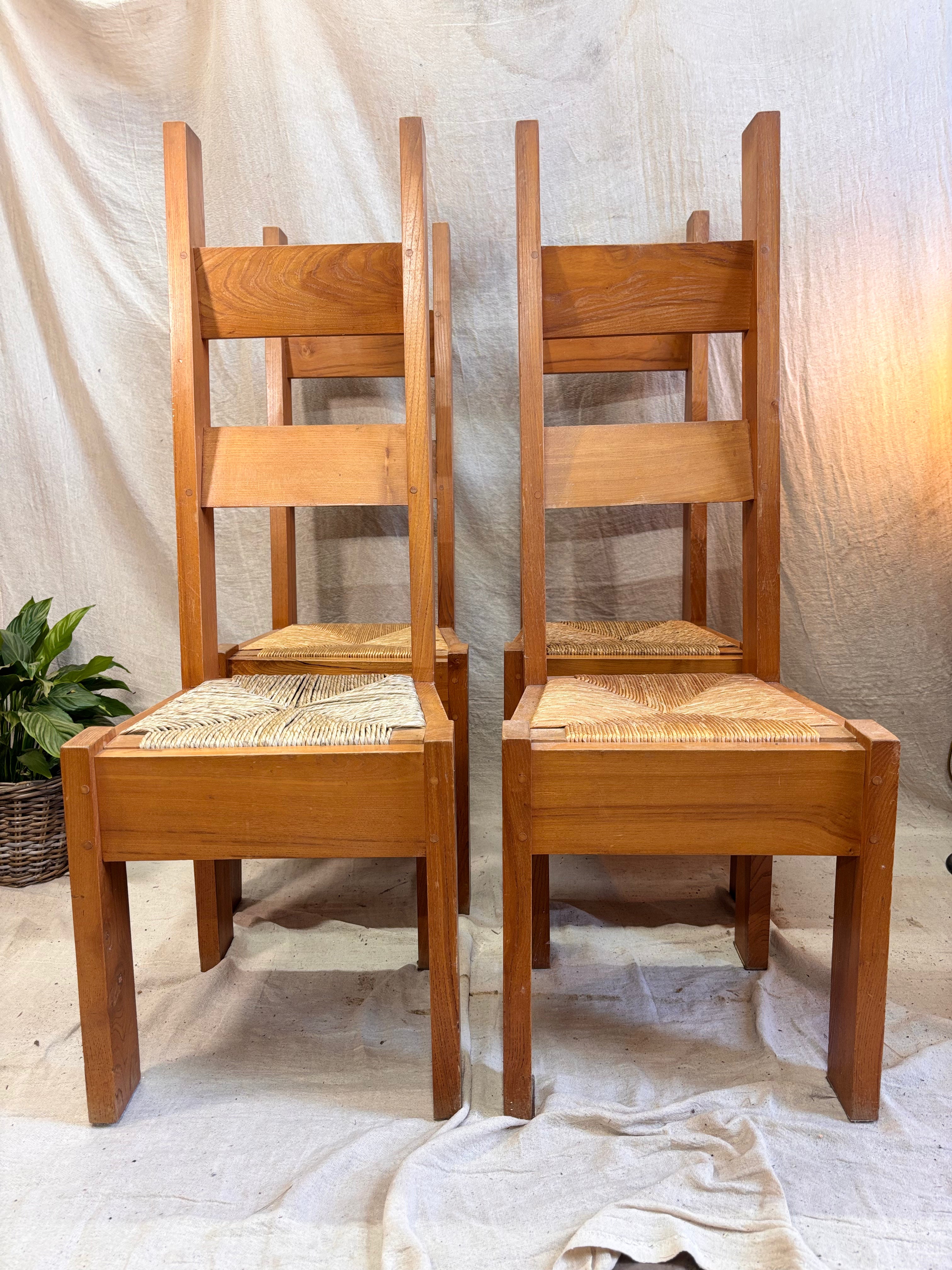 Set of 4 Folk Style Chairs with Rush Seat.