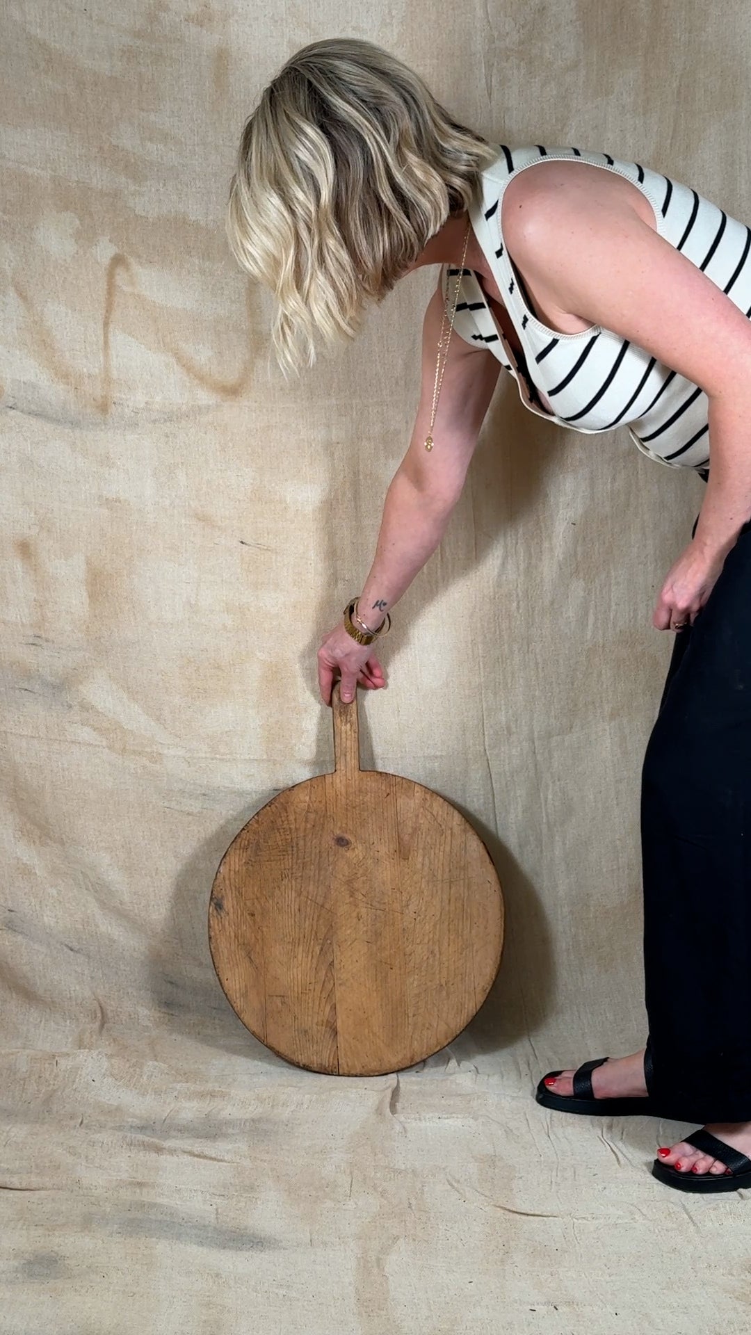 Antique Round Wooden Bread Board With Aged Farmhouse Patina