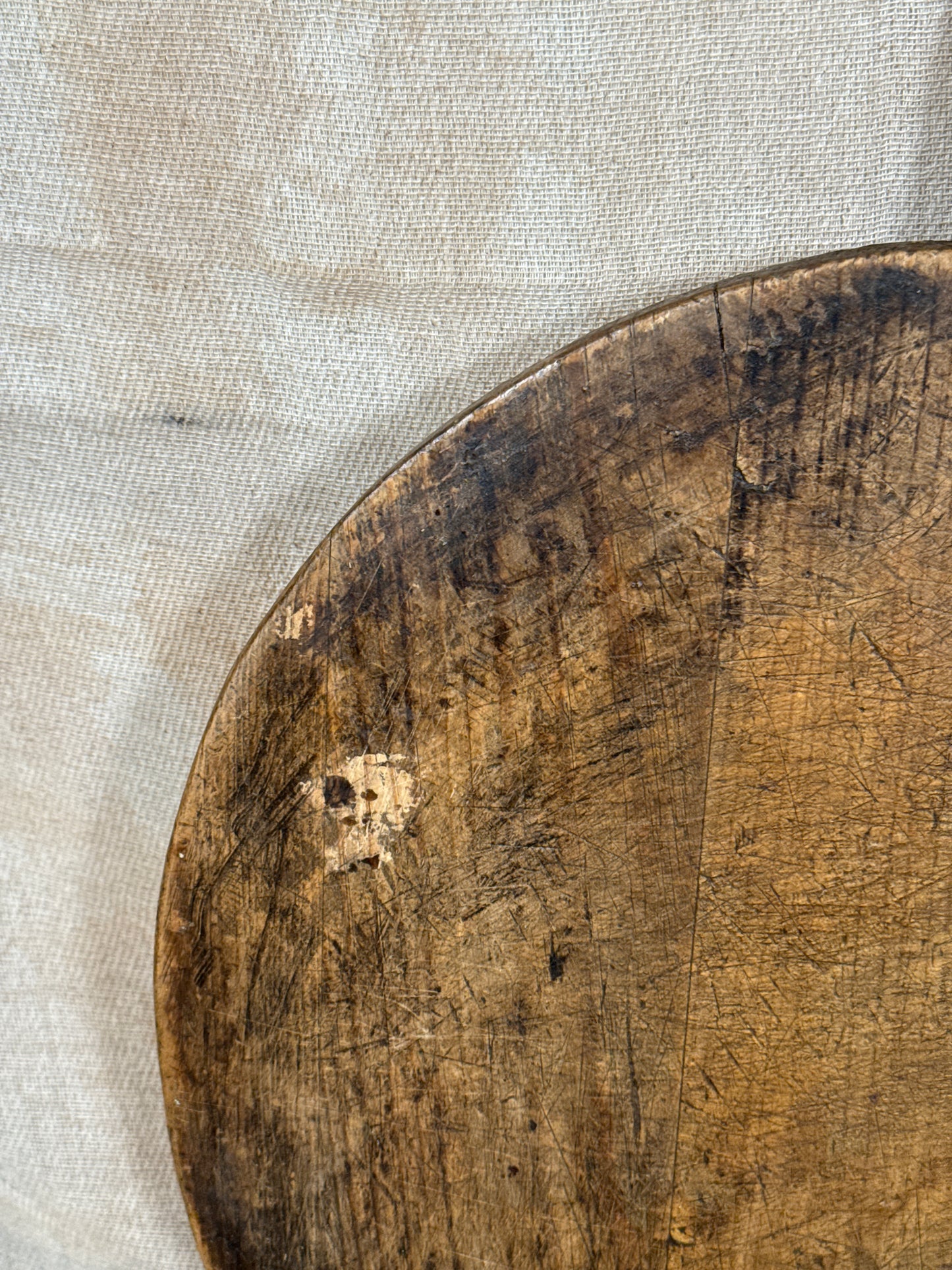 Antique Round Wooden Bread Board With Aged Farmhouse Patina