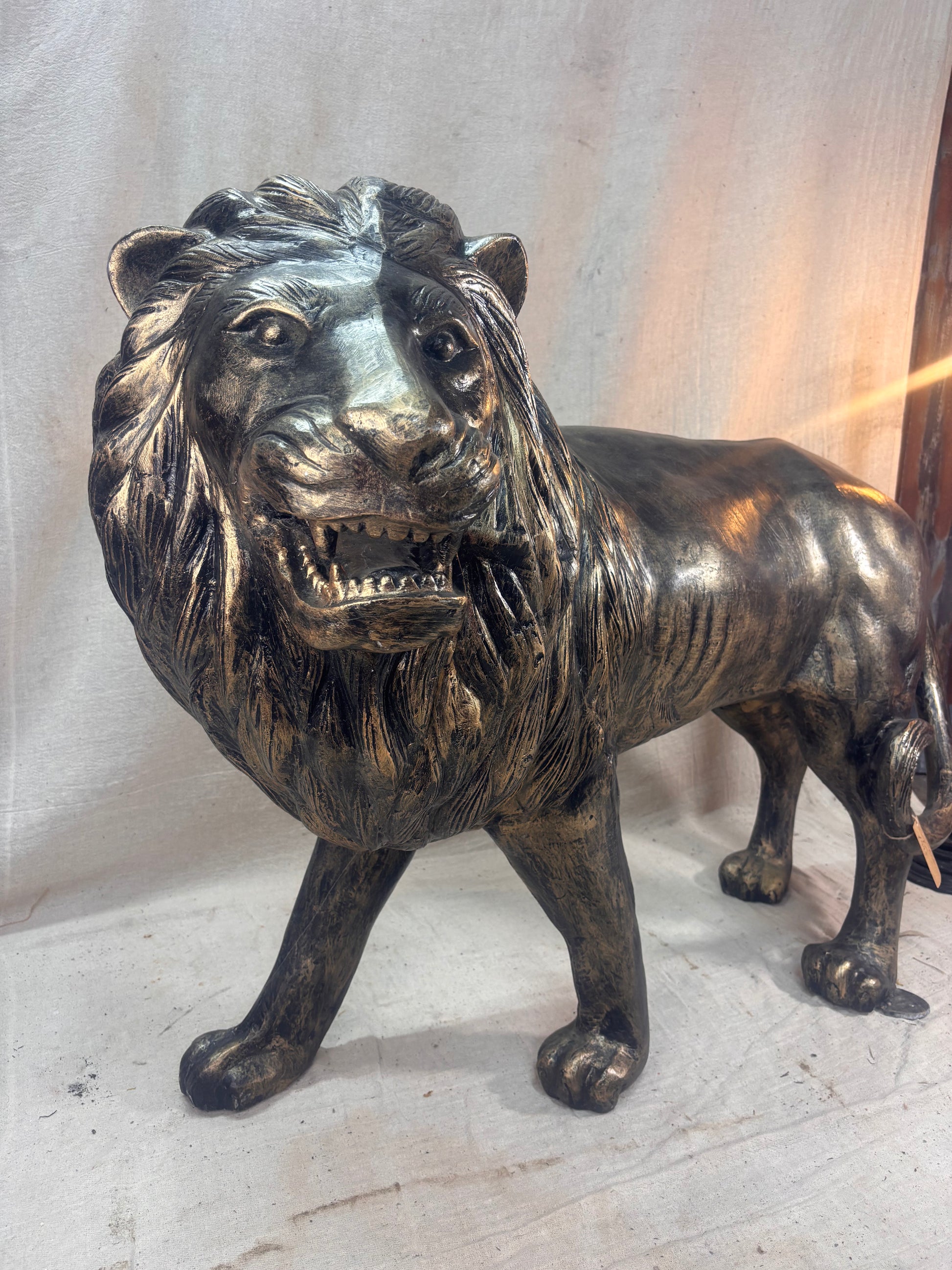 Bronze lion statue on a light background