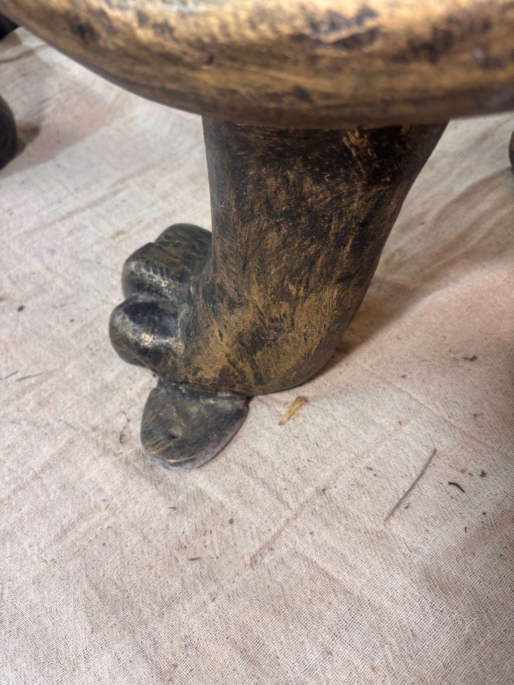 Close-up of a textured surface with a paw-like design on a stone floor.