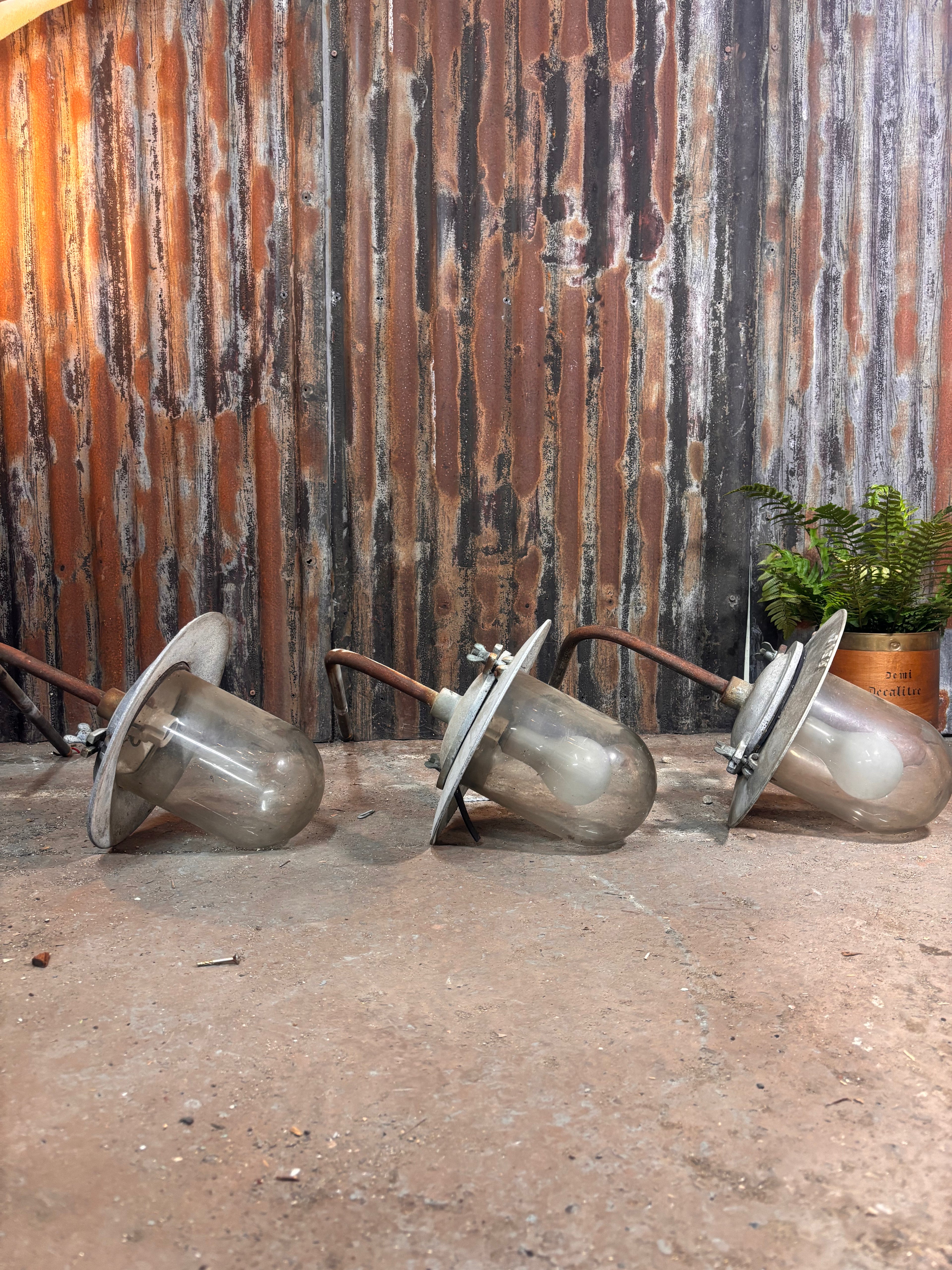 Industrial style light fittings on a concrete floor in front of a tin wall