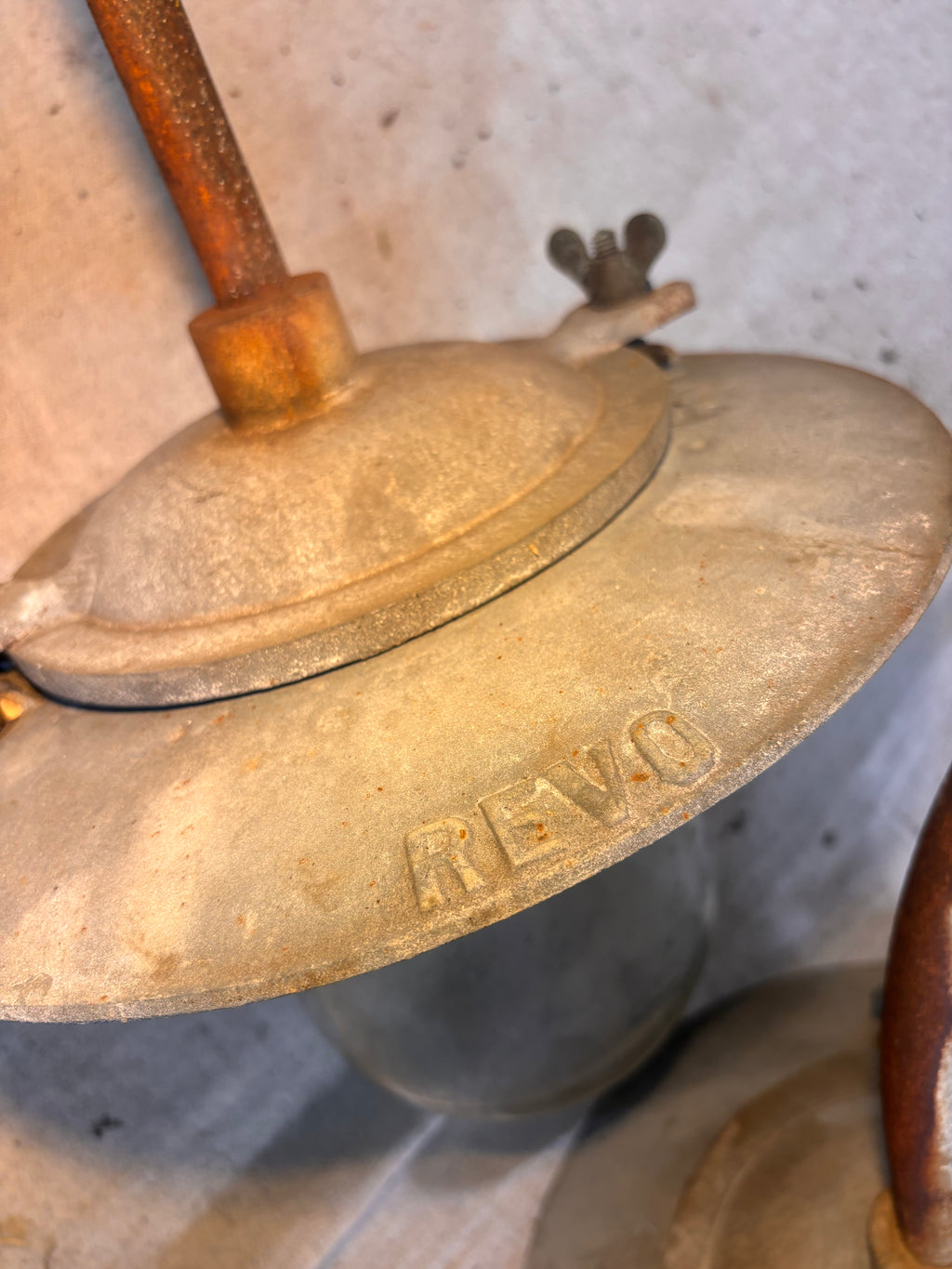 Old Metal lampshade with the word REVO 
