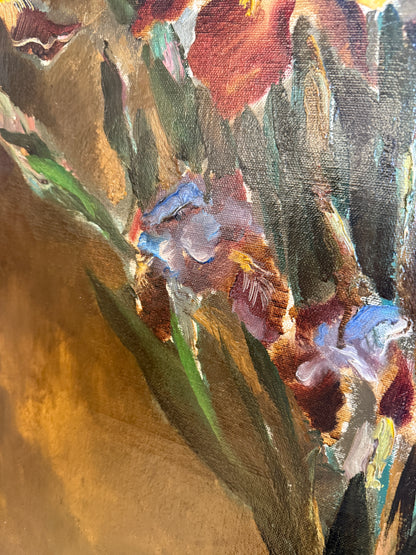 Close-up of an impressionistic oil painting showing textured brushstrokes in warm brown, gold, red, green, gray, blue, and white tones.