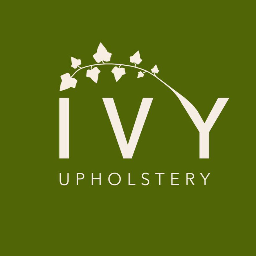 IVY Upholstery logo with white text and leaf design on a green background